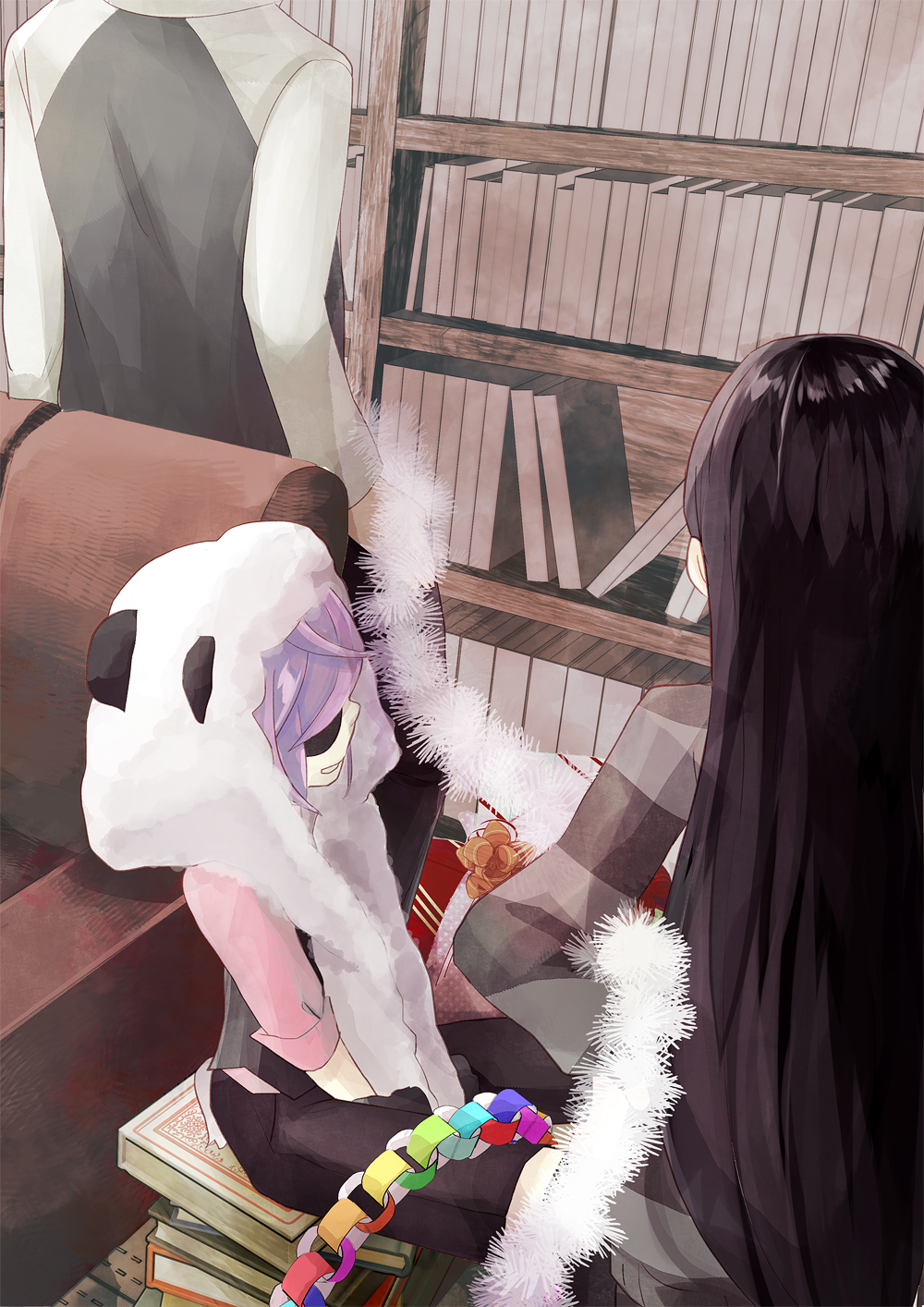 1girl, 2boys, amrta, black_hair, black_pants, black_vest, bookshelf, couch