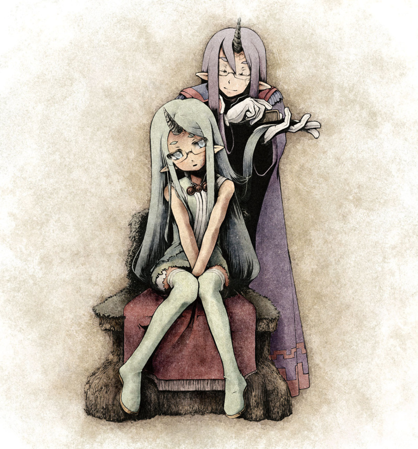 closed_eyes, comb, glasses, highres, horn, horns, kururufa, long_hair