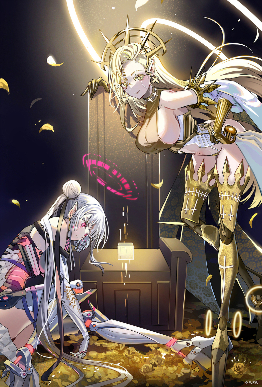 2girls, blonde_hair, breasts, cross, cross_earrings, crymachina, cube, double_halo