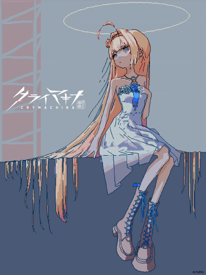 blonde_hair, blue_eyes, boots, crymachina, dress, enoa_(crymachina), hair_intakes, halo