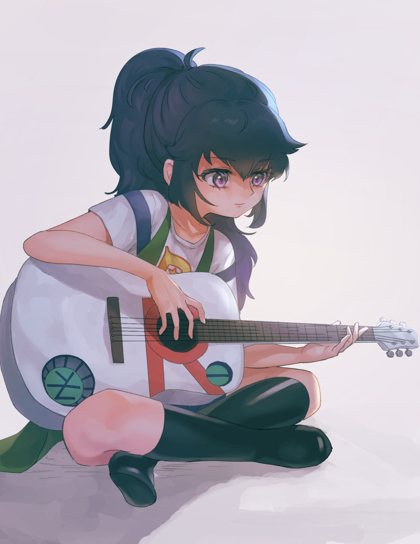 1girl, absurdres, black_footwear, black_hair, boots, guitar, highres, holding