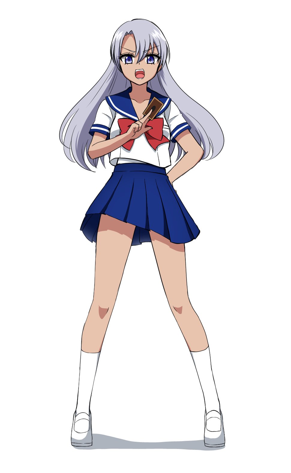 1girl, blue_skirt, card, hair_between_eyes, hand_on_own_hip, highres, holding, holding_card, long_hair, looking_at_viewer, mutsuba_asaka, nanju_bami, open_mouth, pleated_skirt, school_uniform, serafuku, simple_background, skirt, violet_eyes, white_background, white_footwear, yu-gi-oh!, yu-gi-oh!_go_rush!!