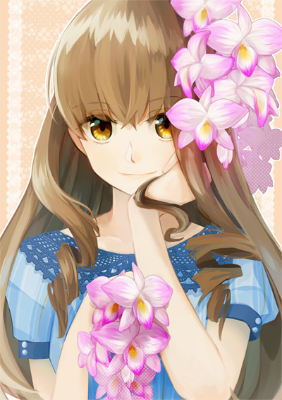 1girl, amrta, bad_link, blue_shirt, brown_eyes, brown_hair, closed_mouth, collarbone