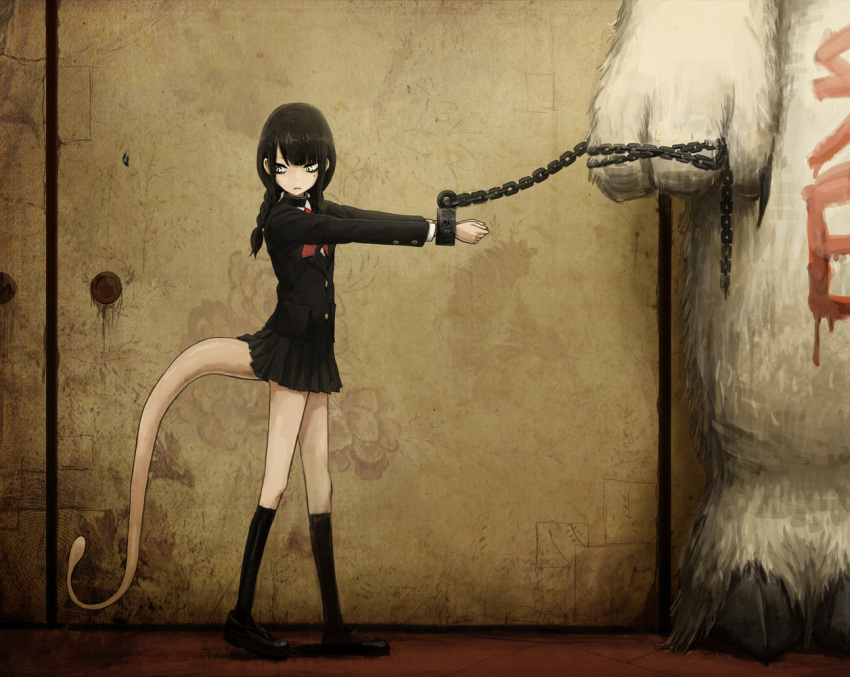 black_legwear, black_socks, bound_wrists, braid, chain, macro, micro, mole