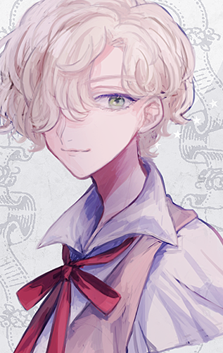 1boy, androgynous, aogiri_(fragment), blonde_hair, closed_mouth, collared_shirt, grey_eyes, hair_over_one_eye, looking_at_viewer, lowres, male_focus, oskar_reiser, red_ribbon, ribbon, shirt, short_hair, solo, touma_no_shinzou, vest, white_background, white_shirt