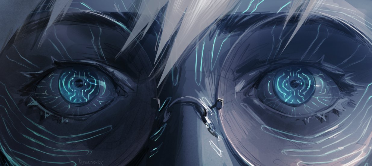 1boy, blonde_hair, blue_eyes, close-up, commentary, english_commentary, eye_focus, facial_mark, gem1ny, glowing, looking_at_viewer, male_focus, solo, straight-on, trigun, trigun_stampede, vash_the_stampede