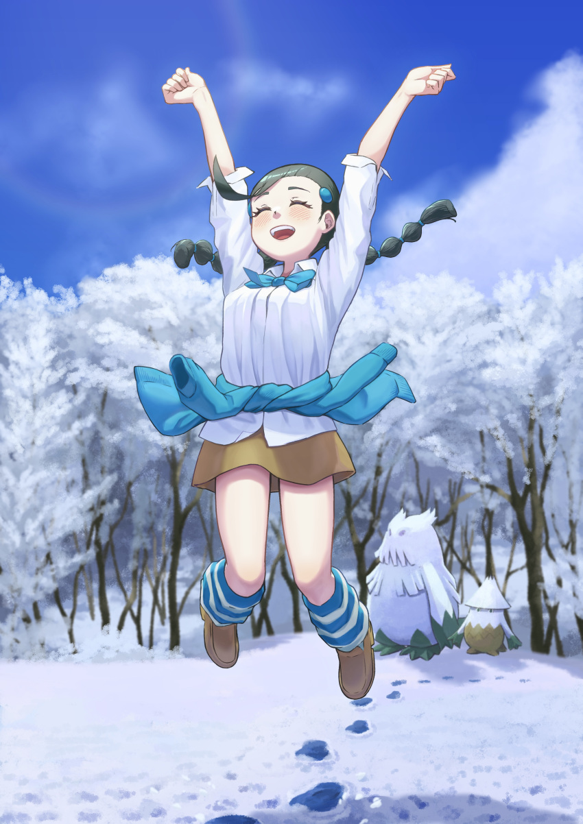 1girl, :d, abomasnow, absurdres, arms_up, black_hair, blush, brown_footwear