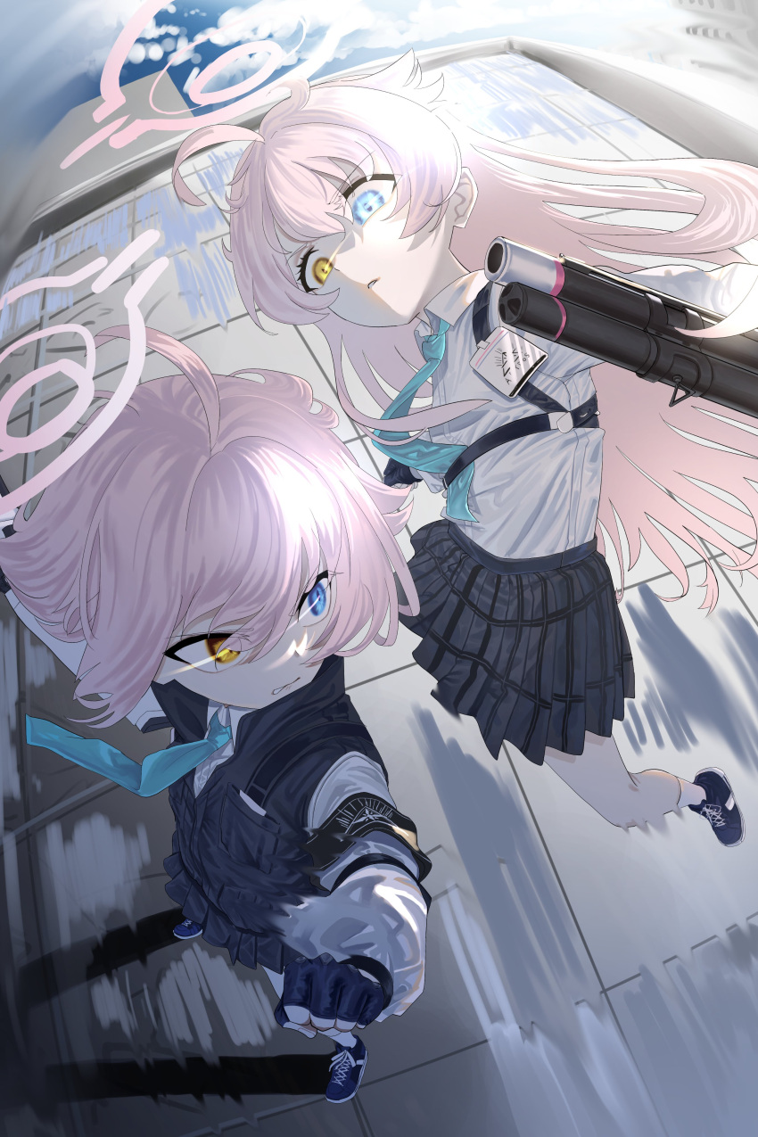 2girls, absurdres, ahoge, biting_own_lip, black_gloves, black_skirt, black_vest, blue_archive