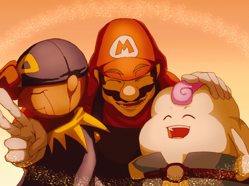 3boys, :d, closed_eyes, facial_hair, geno_(mario), gloves, gradient_background, highres, mallow_(mario), mario, mrm1627_(green-ball), multiple_boys, mustache, open_mouth, orange_background, red_headwear, smile, super_mario_bros., super_mario_rpg, upper_body, white_gloves
