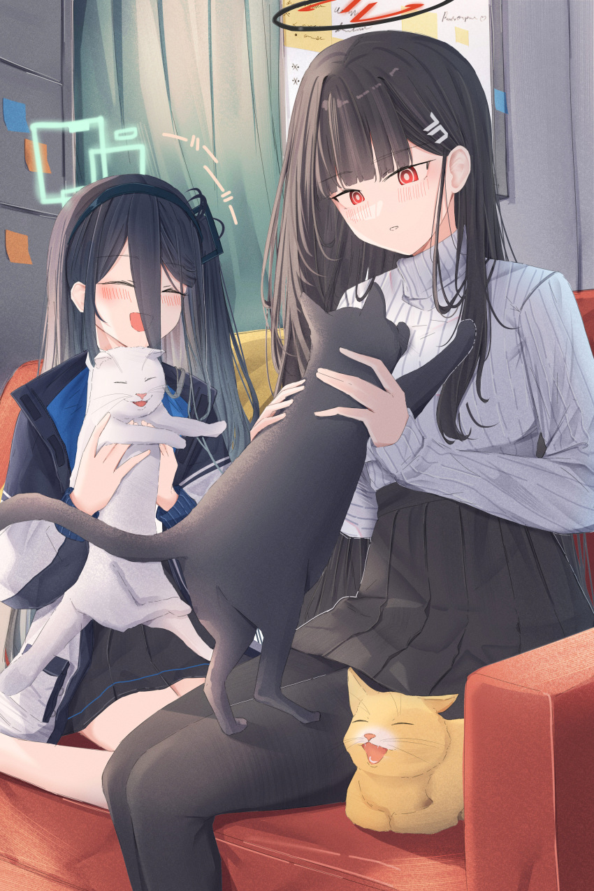 2girls, absurdly_long_hair, absurdres, animal, aris_(blue_archive), black_hair, black_hairband, black_pantyhose