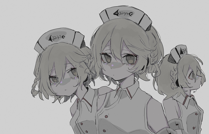 3girls, armlet, behind_another, blonde_hair, braid, brown_eyes, clone, closed_mouth