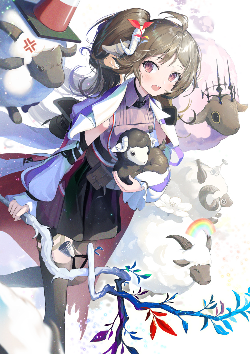 1girl, :d, ahoge, anger_vein, arknights, asymmetrical_legwear, black_pantyhose, black_skirt