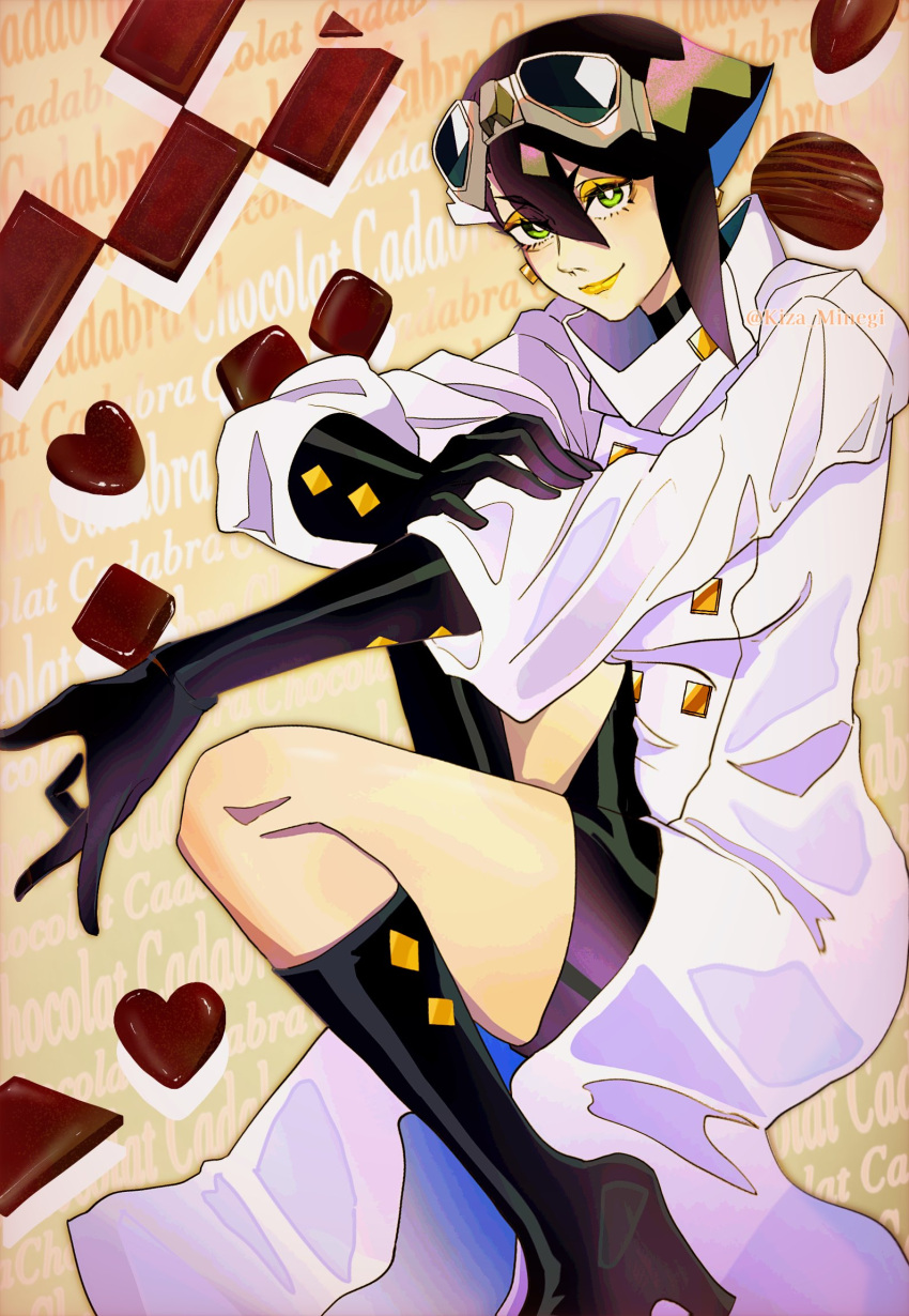 1girl, ado_(utaite), black_footwear, black_gloves, black_hair, black_shorts, boots, chocolat_cadabra_(ado)