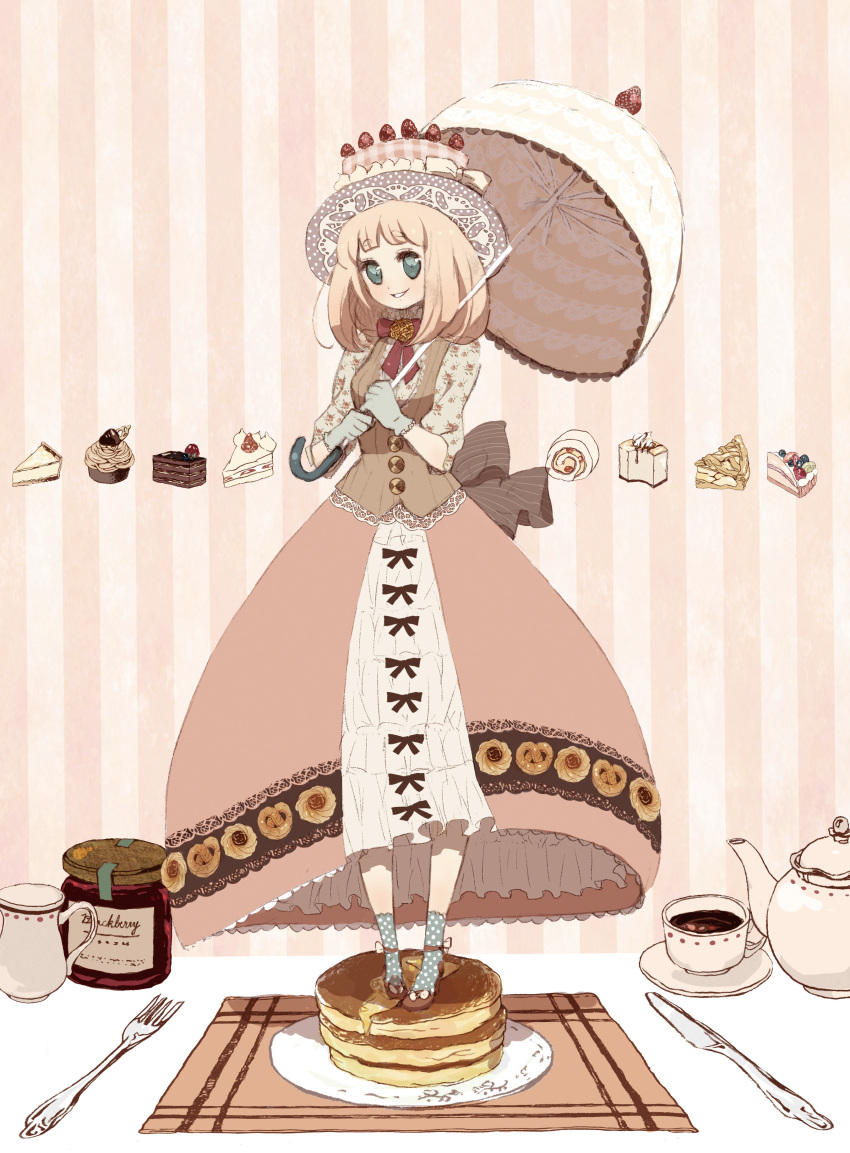 cake, dress, food, food_as_clothes, food_themed_clothes, fork, highres, knife