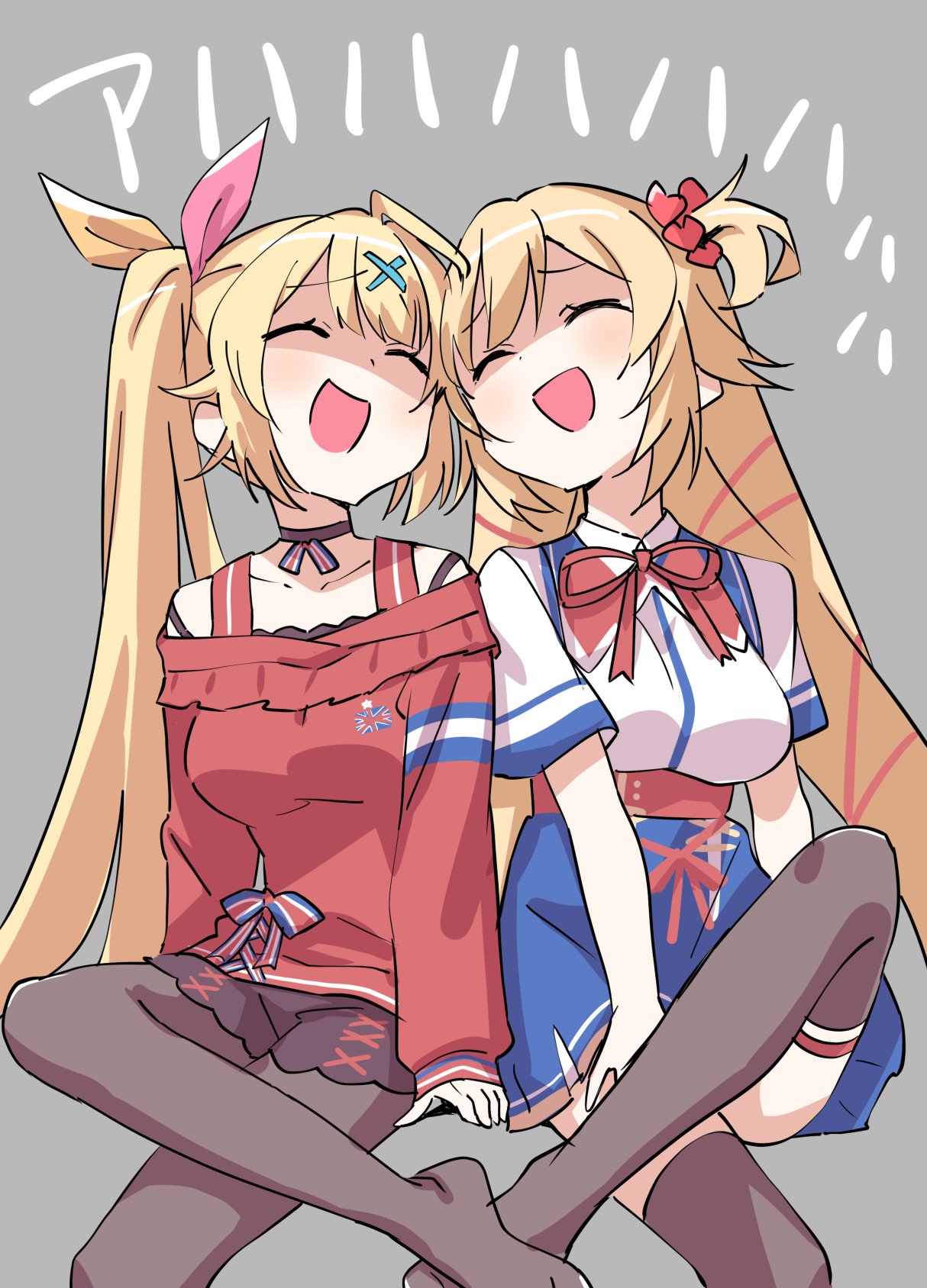 2girls, akai_haato, akai_haato_(1st_costume), belt, black_pantyhose, black_thighhighs, blonde_hair, blue_skirt, breasts, closed_eyes, collared_shirt, commentary_request, crossed_legs, dot_nose, grey_background, h_(eitilog), hair_ribbon, high-waist_skirt, highres, hololive, hoshikawa_sara, hoshikawa_sara_(2nd_costume), long_hair, long_sleeves, medium_breasts, miniskirt, multiple_girls, neck_ribbon, nijisanji, off_shoulder, official_alternate_costume, open_mouth, pantyhose, pink_ribbon, red_belt, red_ribbon, red_sweater, ribbon, shaded_face, shirt, short_sleeves, side-by-side, side_ponytail, simple_background, sitting, skirt, smile, sweater, thigh-highs, underbust, very_long_hair, virtual_youtuber, white_shirt, yellow_ribbon