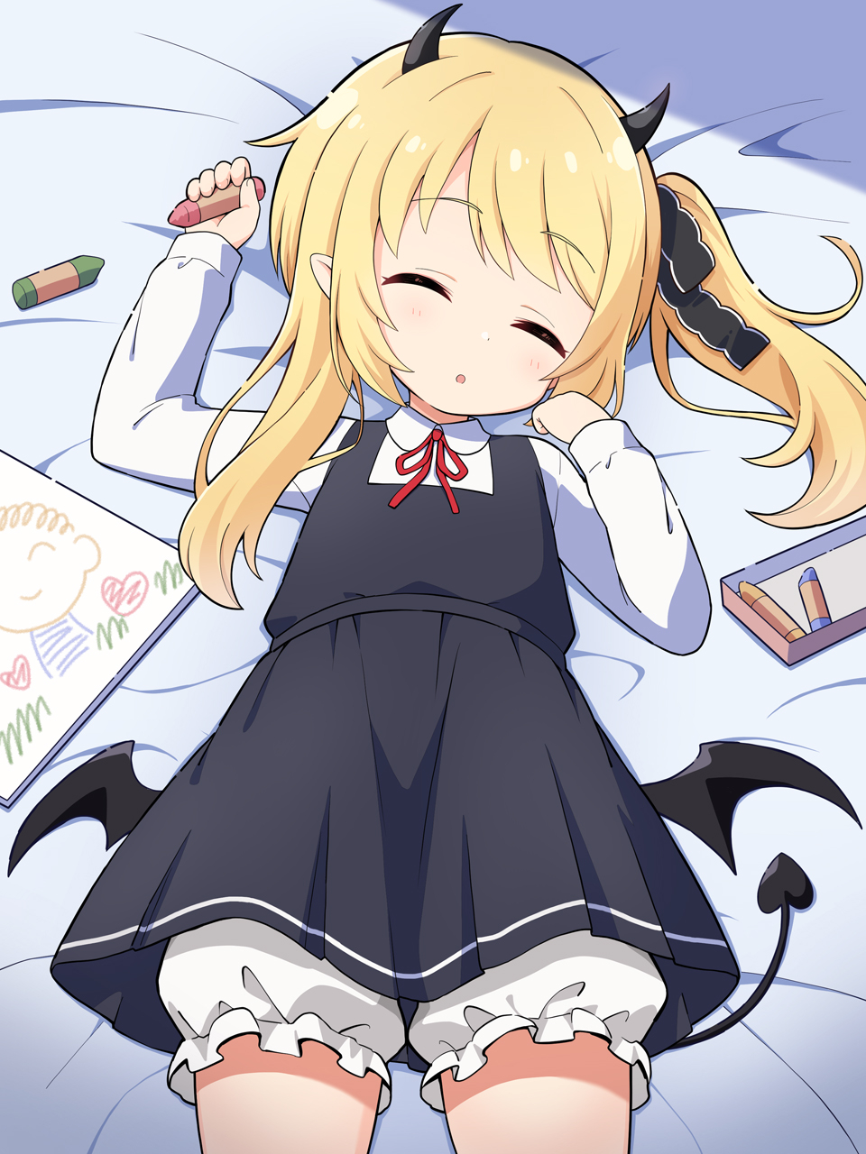 1girl, bed_sheet, black_dress, black_horns, black_tail, black_wings, blonde_hair, blue_archive