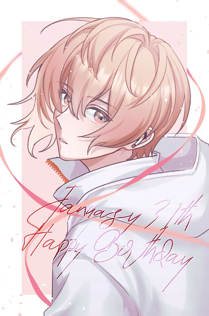 1boy, blush, border, brown_eyes, brown_hair, dated, earphones, earphones, geomcheong, happy_birthday, looking_at_viewer, looking_back, male_focus, miyama_kei, multicolored_background, paradox_live, parted_lips, pink_background, ribbon, short_hair, solo, teeth, white_border