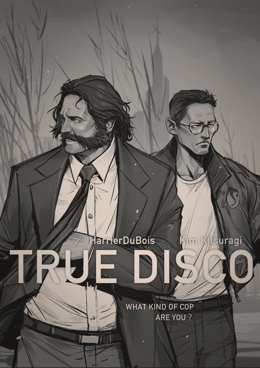 2boys, belt, crossover, disco_elysium, english_text, facial_hair, glasses, greyscale