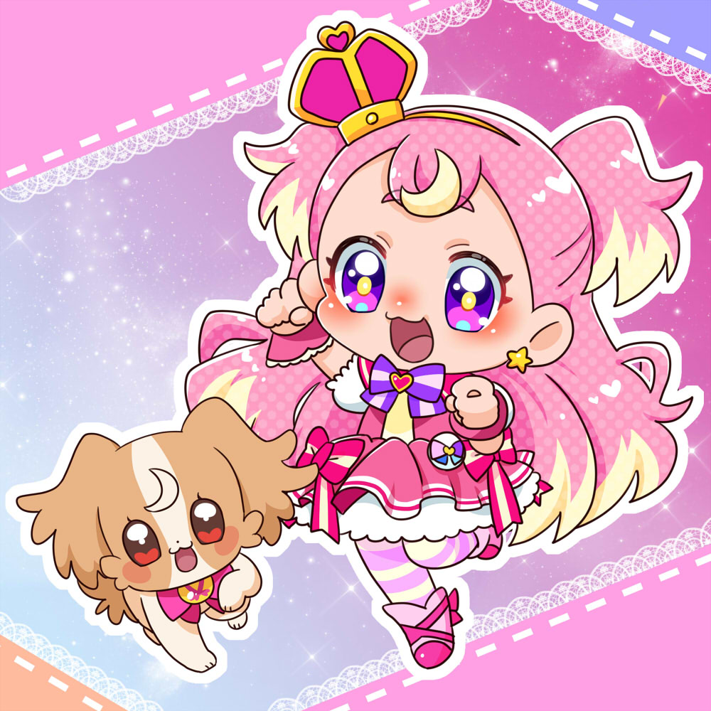 2girls, bow, brooch, brown_fur, chibi, crown, cure_wonderful, dot_nose