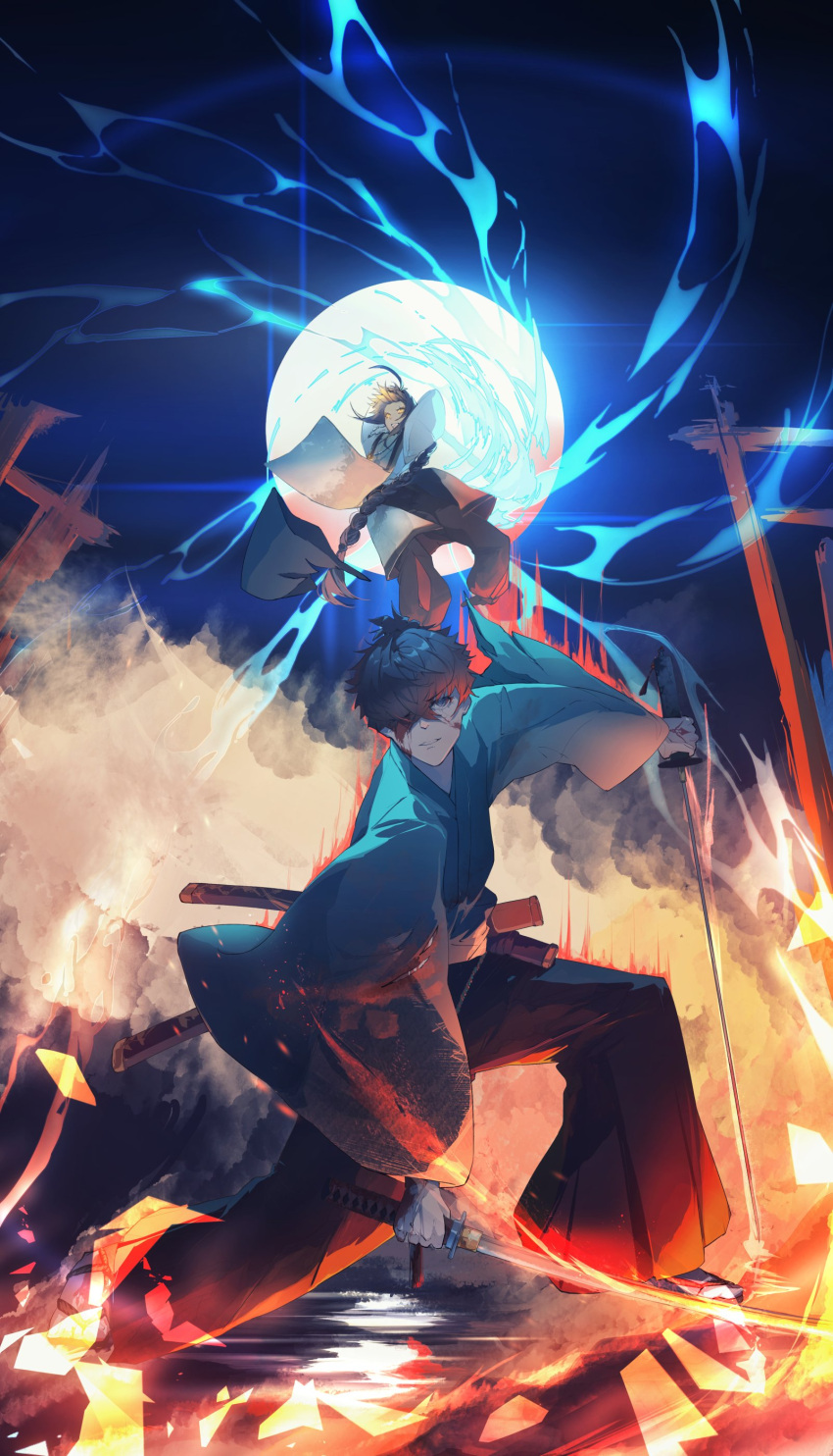 1other, absurdres, androgynous, black_hair, black_hakama, blood, blood_on_face, blue_eyes