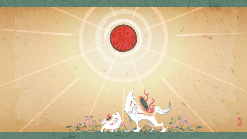 animal, chibiterasu, english, flower, highres, looking_up, okami, okamiden