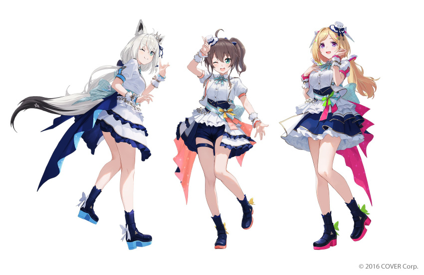 3girls, :d, ahoge, aki_rosenthal, animal_ears, ankle_boots, aqua_bow, aqua_bowtie