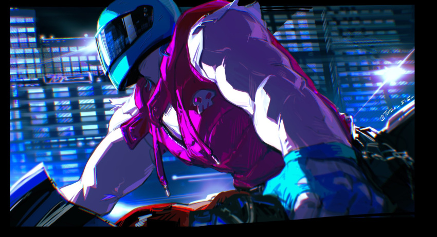 1boy, biceps, biker_(hotline_miami), black_border, blue_gloves, border, building, fingerless_gloves
