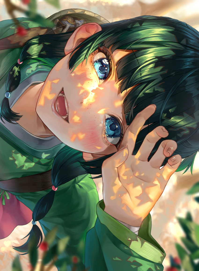 1girl, bandages, basket, beads, blue_eyes, chinese_clothes, freckles, green_hair