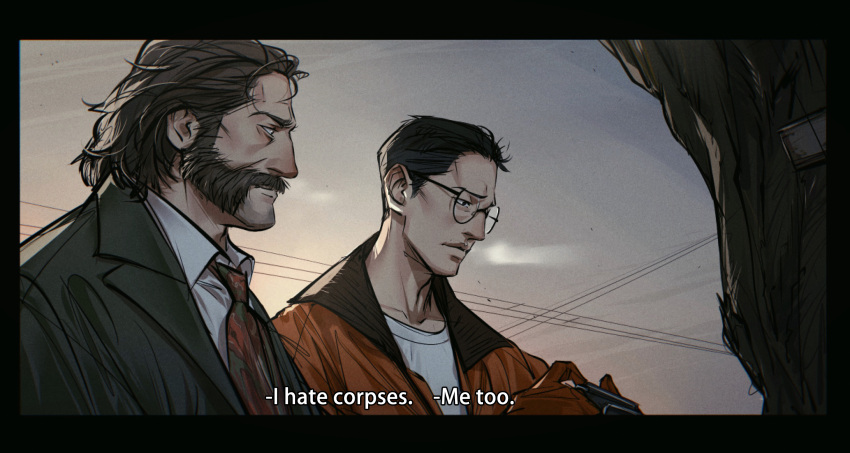 2boys, black_hair, brown_hair, collared_jacket, collared_shirt, crossover, disco_elysium, english_text