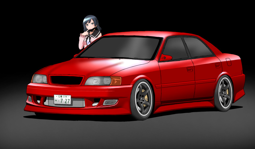 1girl, black_background, black_hair, car, frilled_sleeves, frills, gradient_background, grey_background