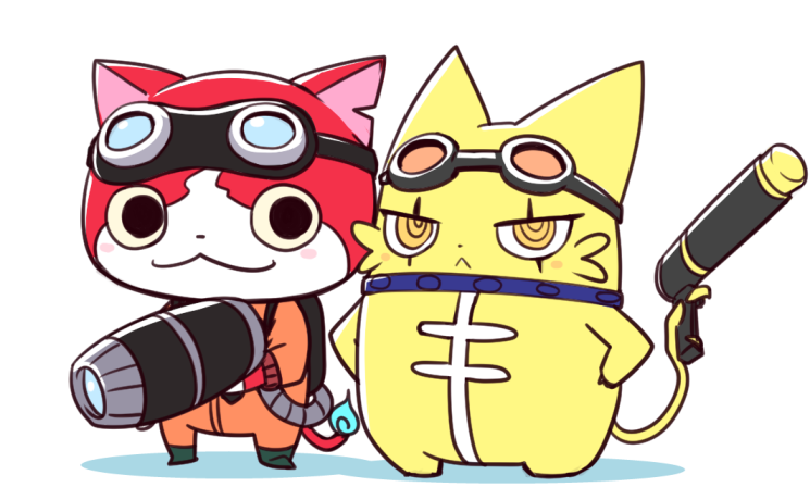 blush, cat, ghostbusters, goggles, goggles_on_head, goromi_(youkai_watch), gun, holding
