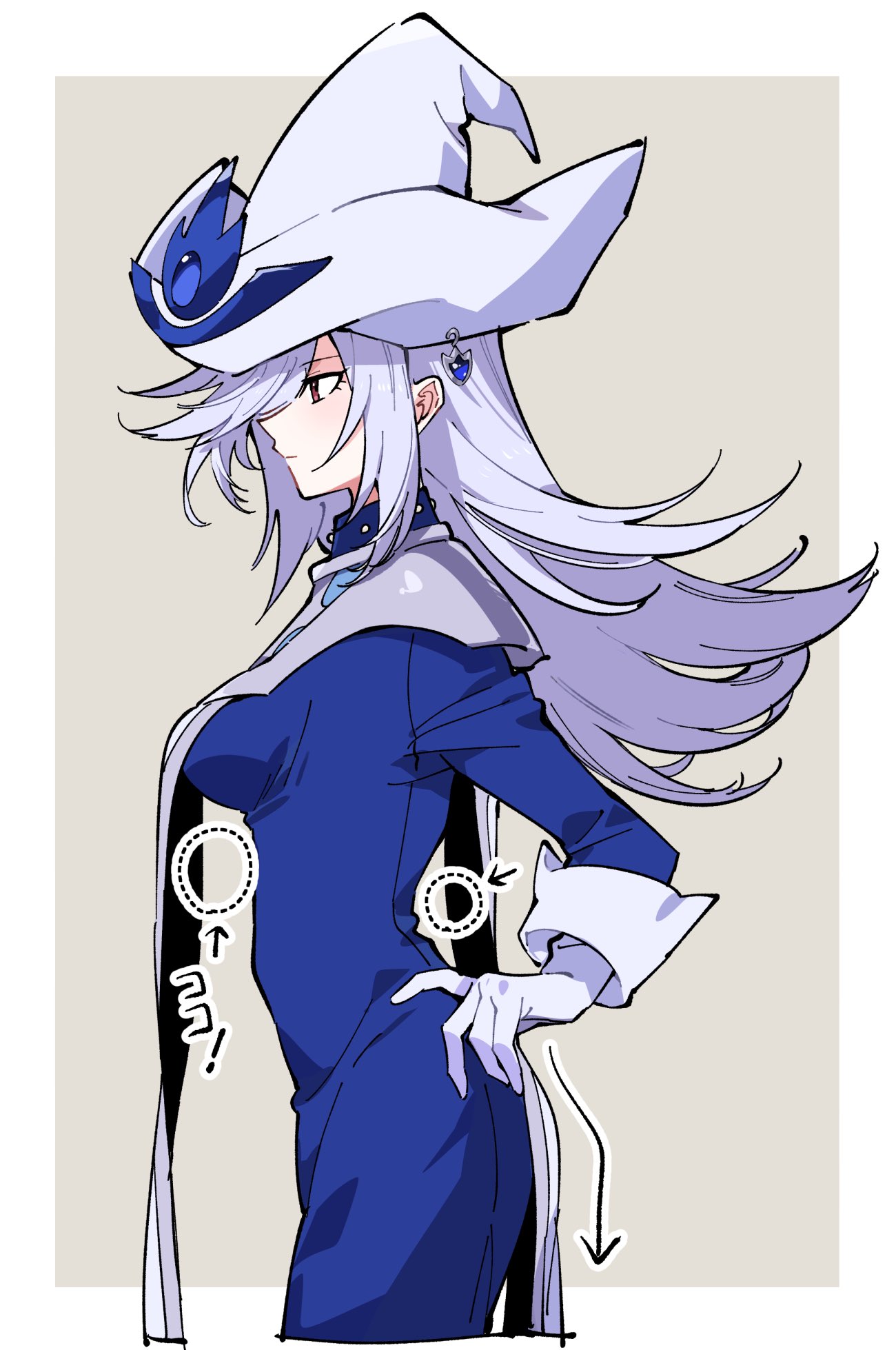 1girl, breasts, dress, duel_monster, from_side, gloves, grey_hair, hand_on_own_hip
