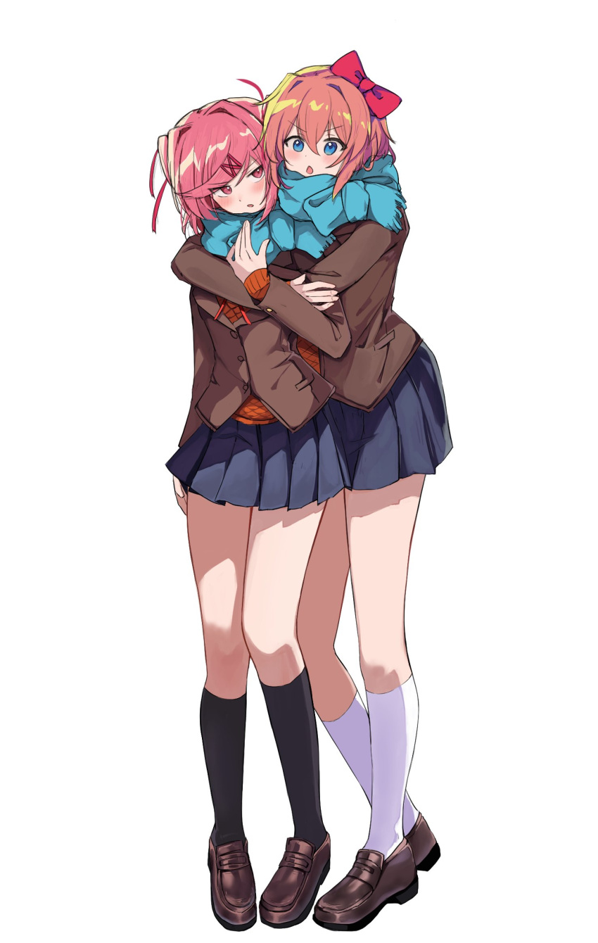 2girls, b4_(yonten), black_socks, blazer, blue_scarf, blue_skirt, blush, bow, brown_footwear, brown_jacket, doki_doki_literature_club, full_body, hair_bow, hair_ornament, hair_ribbon, hairclip, hand_up, heads_together, highres, hug, hug_from_behind, jacket, looking_at_another, multiple_girls, natsuki_(doki_doki_literature_club), open_mouth, orange_sweater, pink_eyes, pink_hair, pleated_skirt, red_bow, red_ribbon, ribbon, sayori_(doki_doki_literature_club), scarf, school_uniform, short_hair, skirt, socks, standing, sweater, v-shaped_eyebrows, white_background, white_socks