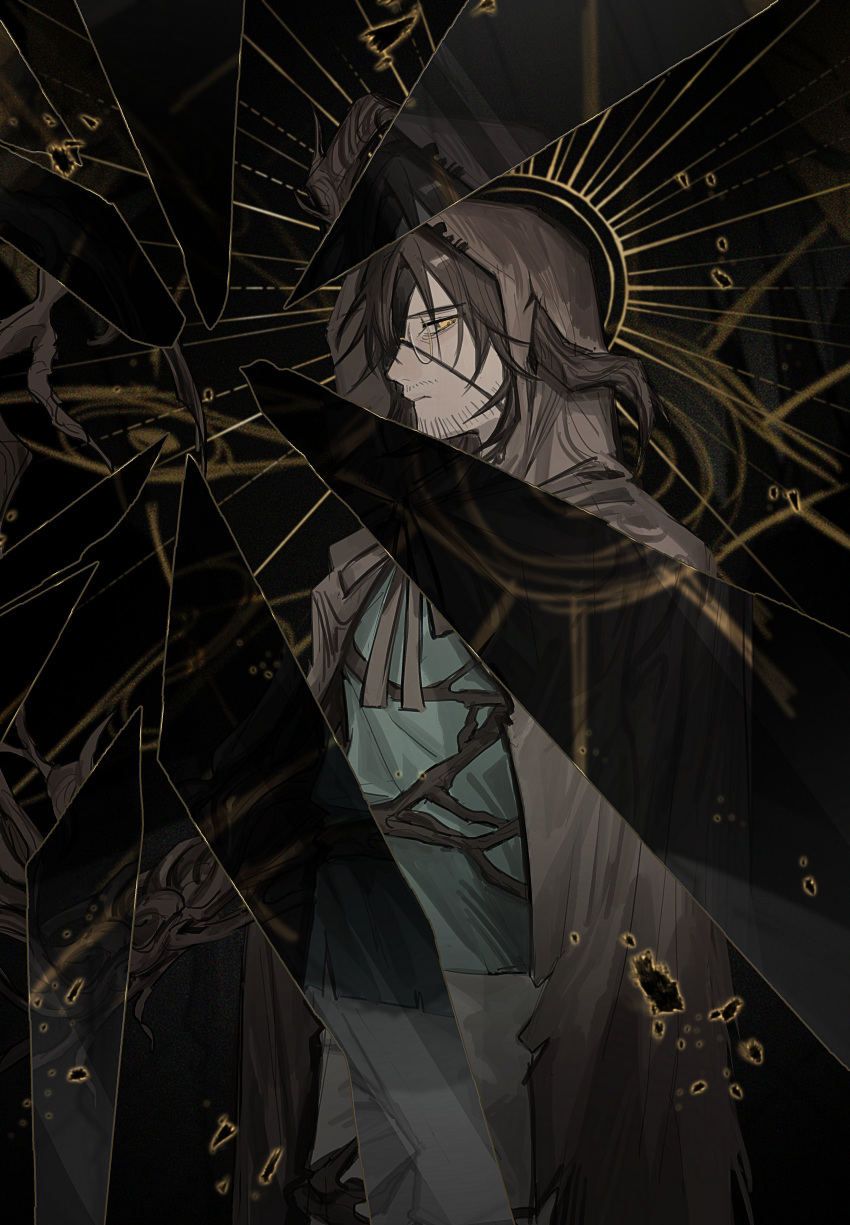 1boy, absurdres, beard_stubble, black_background, blue_shirt, branch, brown_cloak, brown_hair