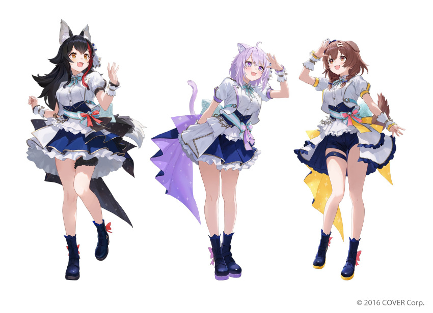 3girls, :d, ahoge, animal_ear_fluff, animal_ears, ankle_boots, aqua_bow, aqua_bowtie, aqua_gemstone, aqua_sash, arm_behind_back, back_bow, beads, black_hair, black_ribbon, black_skirt, blue_bow, blue_corset, blue_footwear, blue_shorts, blue_skirt, blush, bone_hair_ornament, boots, bow, bowtie, braid, breasts, brooch, brown_eyes, brown_hair, buttons, cat_ears, cat_girl, cat_tail, collared_jacket, commentary_request, company_name, copyright_notice, corset, crossed_bangs, dog_ears, dog_girl, dog_tail, dot_nose, double-parted_bangs, dress, dress_shirt, eyelashes, fang, fangs, footwear_bow, frilled_skirt, frills, full_body, gold_ribbon, gold_trim, hair_between_eyes, hair_bow, hair_ornament, hair_ribbon, hand_up, hat, high_heel_boots, high_heels, highres, hololive, hololive_idol_uniform_(bright), idol, idol_clothes, inugami_korone, jacket, jewelry, lapel_pin, lapels, large_bow, layered_skirt, leaning_forward, leg_up, long_hair, looking_up, low-tied_medium_hair, matsuo_shogo, medium_hair, mini_hat, multicolored_hair, multiple_girls, nekomata_okayu, notched_lapels, official_alternate_costume, official_art, ookami_mio, open_clothes, open_jacket, open_mouth, overskirt, pink_bow, plaid, plaid_bow, puffy_short_sleeves, puffy_sleeves, purple_bow, purple_dress, purple_hair, purple_ribbon, red_bow, redhead, ribbon, sash, sash_bow, shading_eyes, shirt, short_shorts, short_sleeves, shorts, showgirl_skirt, sidelocks, simple_background, skin_fang, skin_fangs, skirt, smile, sparkle_print, sparkling_eyes, standing, standing_on_one_leg, streaked_hair, striped_bow, striped_sash, tail, thigh_strap, thighs, top_hat, tress_ribbon, twin_braids, two-sided_fabric, two-sided_skirt, two-tone_hair, underbust, violet_eyes, virtual_youtuber, w_arms, waving, white_background, white_bow, white_headwear, white_jacket, white_sash, white_shirt, white_skirt, white_wrist_cuffs, wolf_ears, wolf_girl, wolf_tail, wrist_cuffs, wrist_ribbon, yellow_eyes, yellow_ribbon