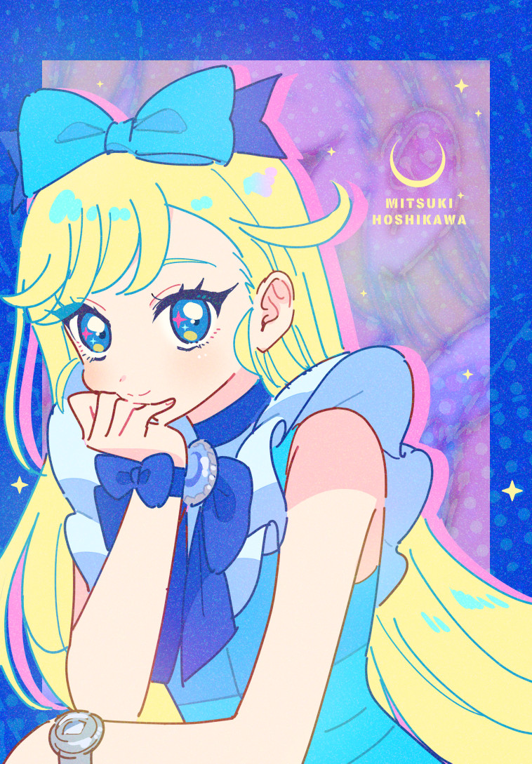1girl, bare_shoulders, blonde_hair, blue_border, blue_bow, blue_dress, blue_eyes, border