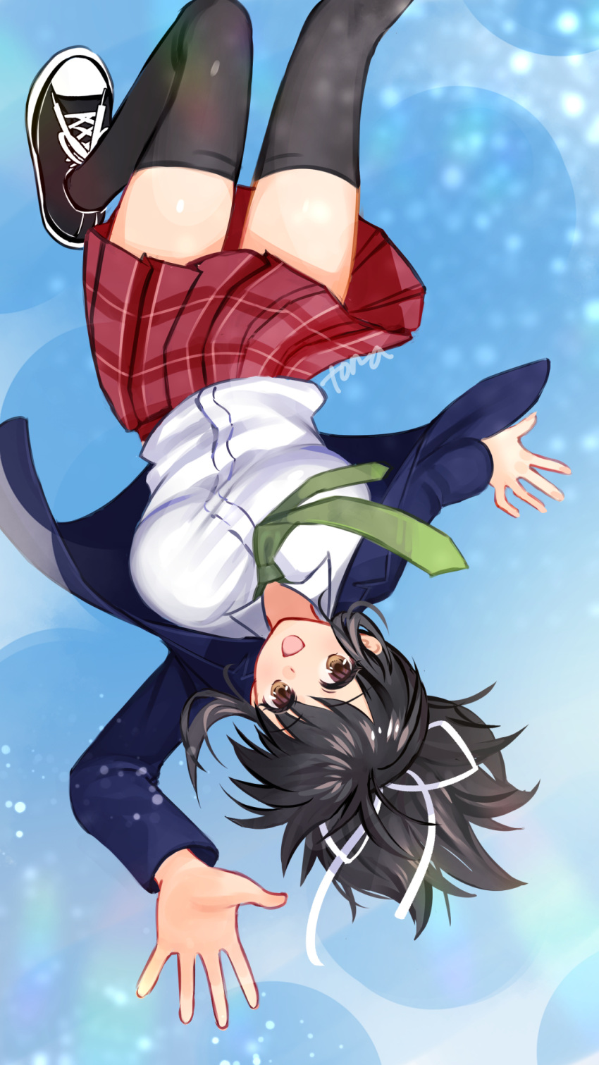 1girl, asuka_(senran_kagura), black_footwear, black_hair, black_thighhighs, blue_background, blue_jacket, blush
