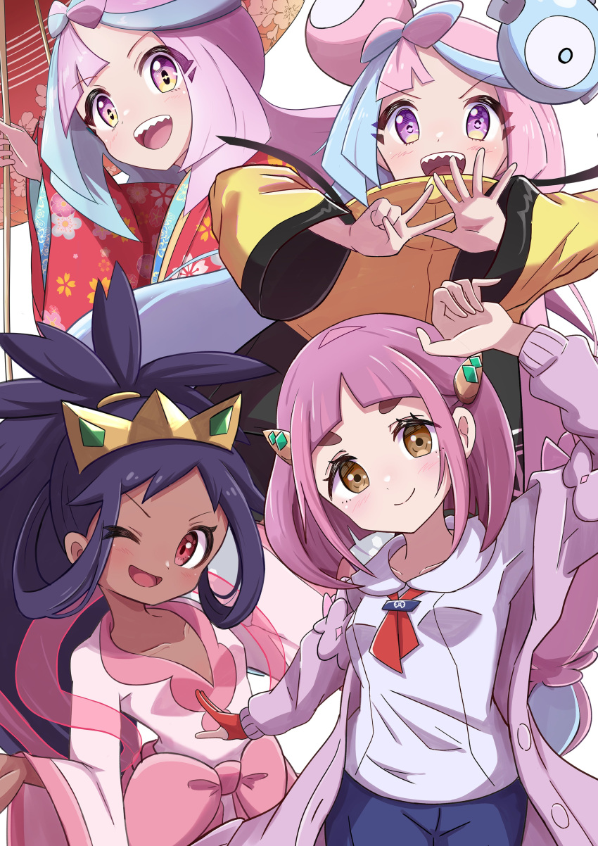 absurdres, arched_bangs, blue_pants, blush, brown_eyes, cardigan, character_hair_ornament, closed_mouth, coat, collared_shirt, dark-skinned_female, dark_skin, eyelashes, gloves, hair_ornament, hairclip, highres, iono_(pokemon), iris_(pokemon), jacket, lacey_(pokemon), long_hair, long_sleeves, looking_at_viewer, multicolored_hair, multiple_girls, one_eye_closed, open_clothes, open_mouth, pants, pink_hair, pokemon, pokemon_bw2, pokemon_sv, purple_hair, red_gloves, rono_(lethys), sharp_teeth, shirt, single_glove, smile, teeth, two-tone_hair, white_shirt, yellow_eyes, yellow_jacket