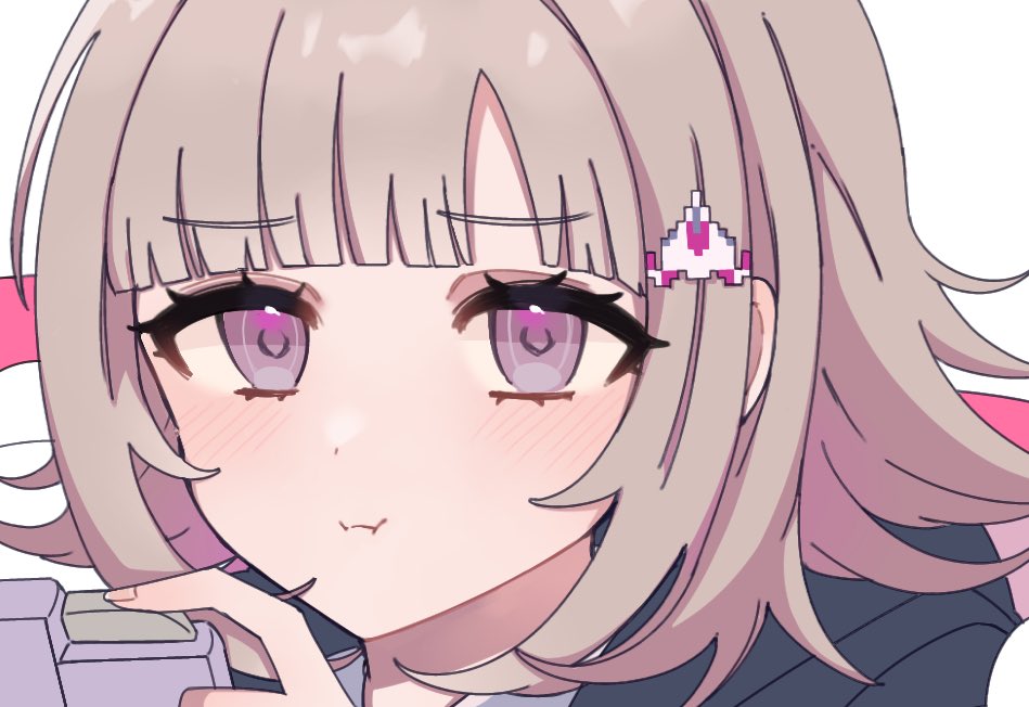 1girl, blunt_bangs, blush, brown_hair, chi_gu, danganronpa_(series), danganronpa_2:_goodbye_despair, galaga