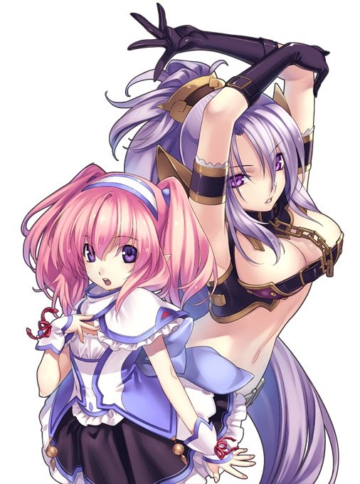 agarest_senki, agarest_senki_2, armband, arms_up, back-to-back, belt, beltbra, blush