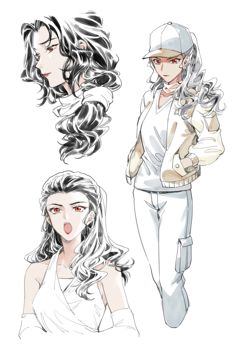 1girl, akiba_reiko, bare_shoulders, baseball_cap, brown_jacket, cropped_legs, cropped_shoulders, elbow_gloves, eyelashes, gloves, hair_over_shoulder, hair_pulled_back, half_updo, halterneck, hands_in_pockets, hat, high_ponytail, highres, hun_(endlesslovehikaru), jacket, lipstick, long_hair, long_sleeves, looking_ahead, looking_at_viewer, low_ponytail, makeup, meitantei_conan, multiple_views, open_mouth, pants, red_eyes, red_lips, sad, scar, scarf, shirt, sleeveless, v-neck, white_gloves, white_headwear, white_pants, white_shirt