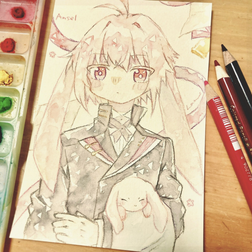 1boy, animal, animal_ears, ansel_(arknights), ansel_(nighttime_cafe)_(arknights), arknights, art_tools_in_frame, black_coat