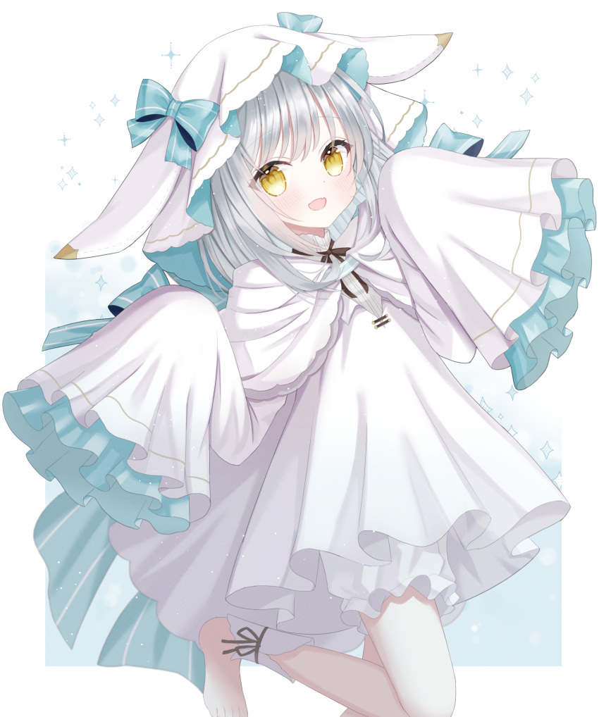 1girl, animal_ear_hood, aqua_bow, bow, commission, dress, floppy_ears, frilled_sleeves
