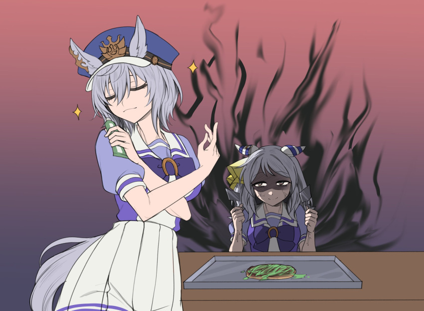 2girls, angry, animal_ears, aura, bow, bowtie, bright_pupils, commentary