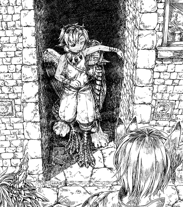 1girl, 2boys, alley, animal_hands, bird_legs, brick_wall, brother_and_sister, bruise, centaur, child, day, dirty, dirty_clothes, feathered_wings, frown, heterochromia, hiding, hiding_behind_another, horns, injury, jewelry, looking_at_viewer, multiple_animal_ears, multiple_boys, multiple_scars, necklace, one_eye_covered, out_of_frame, outdoors, outstretched_arm, pants, pavement, pixiv_genealogy_of_life, pointy_ears, sad, scar, short_hair, shy, siblings, sleeveless, standing, taur, tiger_girl, watari_taichi, window, wings