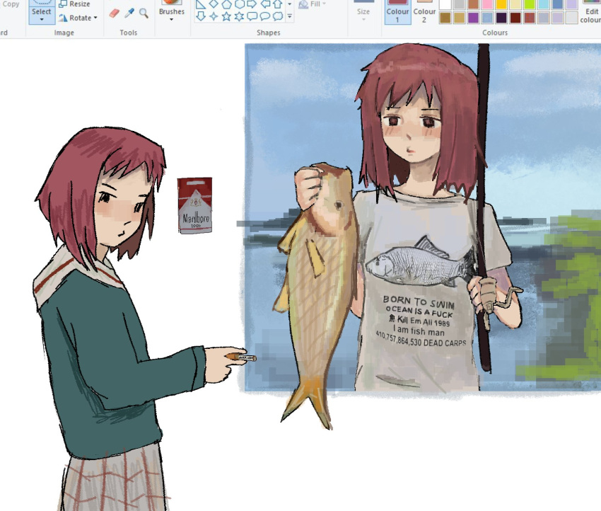 animal, blush, cigarette, cigarette_pack, dual_persona, fish, fishing_rod, flcl