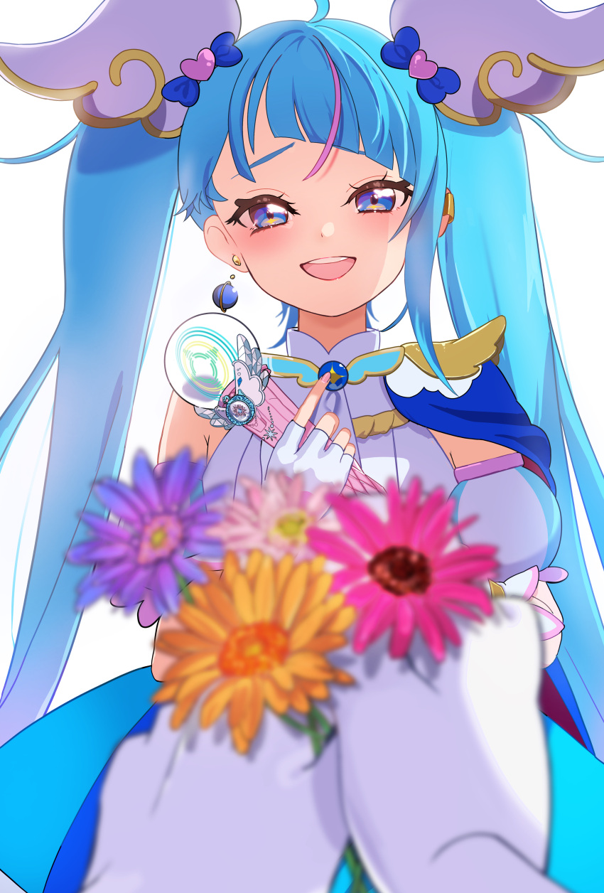 1girl, absurdres, blue_cape, blue_dress, blue_eyes, blue_hair, blurry, blurry_foreground, brooch, cape, commentary, cure_sky, cut_bangs, depth_of_field, detached_sleeves, dress, earclip, earrings, fingerless_gloves, flower, gloves, half-closed_eyes, highres, hirogaru_sky!_precure, holding, holding_flower, jewelry, long_hair, looking_at_viewer, magical_girl, open_mouth, pink_hair, pov, precure, puffy_detached_sleeves, puffy_sleeves, simple_background, single_earring, single_sidelock, sky_mirage, sleeveless, sleeveless_dress, smile, solo, sora_harewataru, standing, twintails, two-tone_dress, very_long_hair, white_background, white_dress, white_gloves, wing_brooch, wing_hair_ornament, zooz08