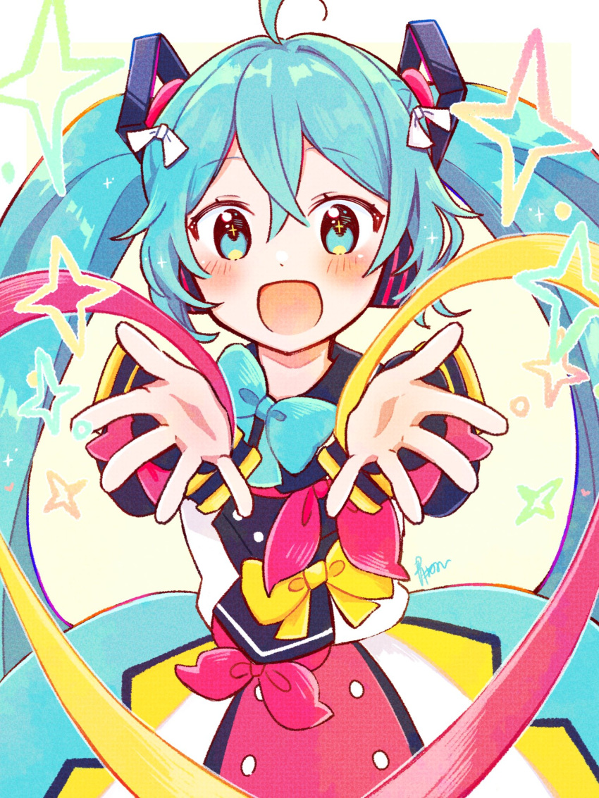 +_+, 1girl, aoiyui, aqua_bow, aqua_dress, aqua_eyes, aqua_hair, artist_name, black_dress, blush, bow, dress, hair_between_eyes, hair_ribbon, happy, hatsune_miku, highres, long_hair, looking_at_viewer, multicolored_clothes, multicolored_dress, open_mouth, outstretched_hand, pink_bow, pink_dress, pov, reaching, reaching_towards_viewer, ribbon, sidelocks, signature, simple_background, smile, solo, sparkle, twintails, vocaloid, white_background, white_dress, white_ribbon, yellow_bow, yellow_dress
