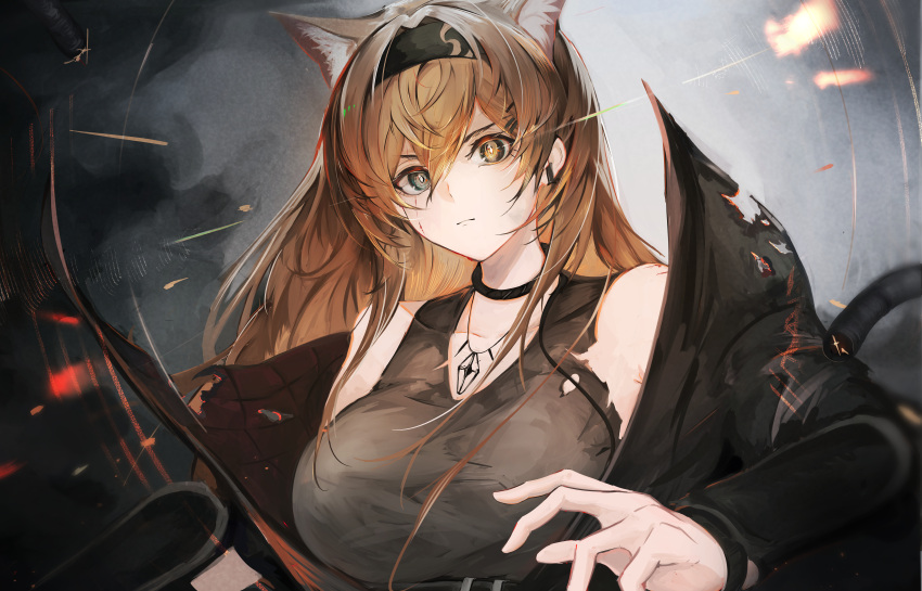 1girl, absurdres, animal_ears, arknights, blonde_hair, breasts, glowing, glowing_eye