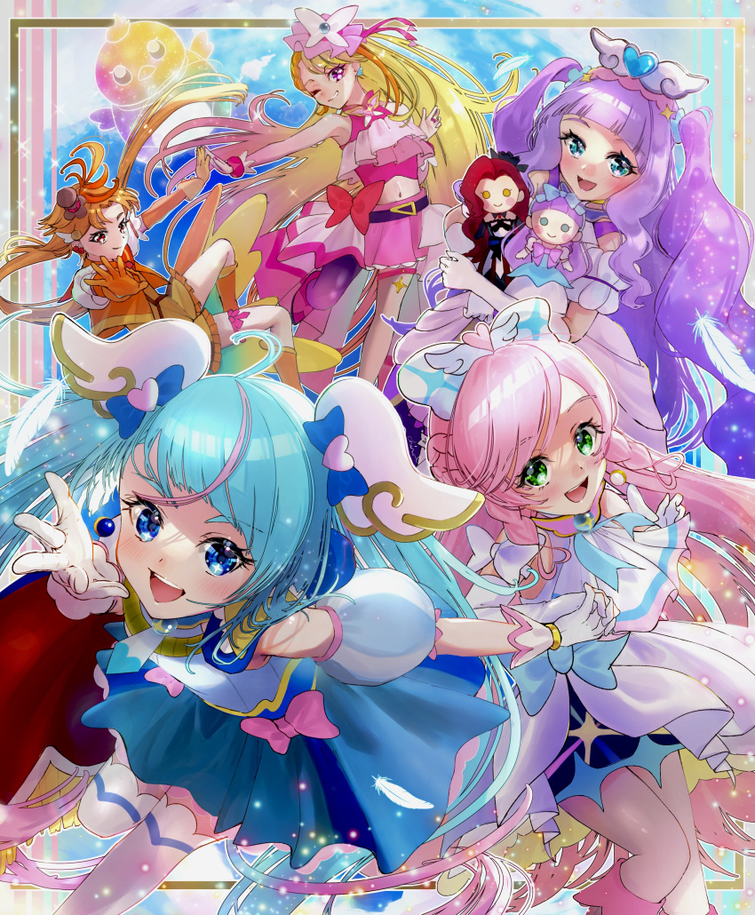 1boy, 1girl, 4girls, absurdres, aqua_eyes, ascot, belt, black_belt